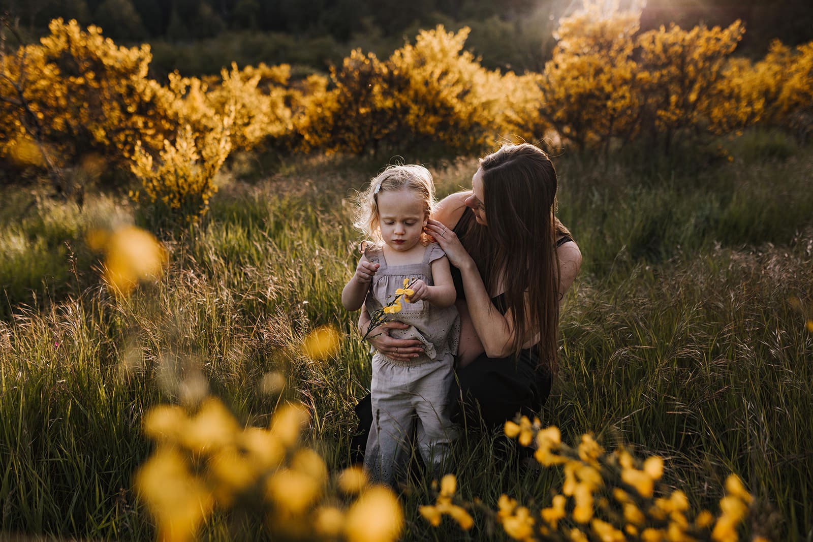 In Victoria, BC, a mom and daughter play in a flower field during maternity leave 