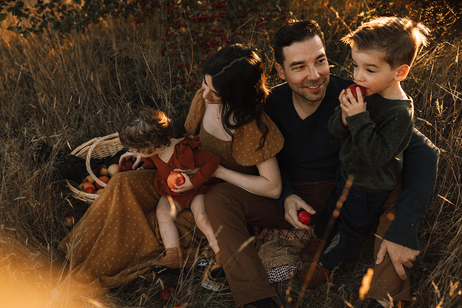 family enjoying the sunflower field in Victoria, BC